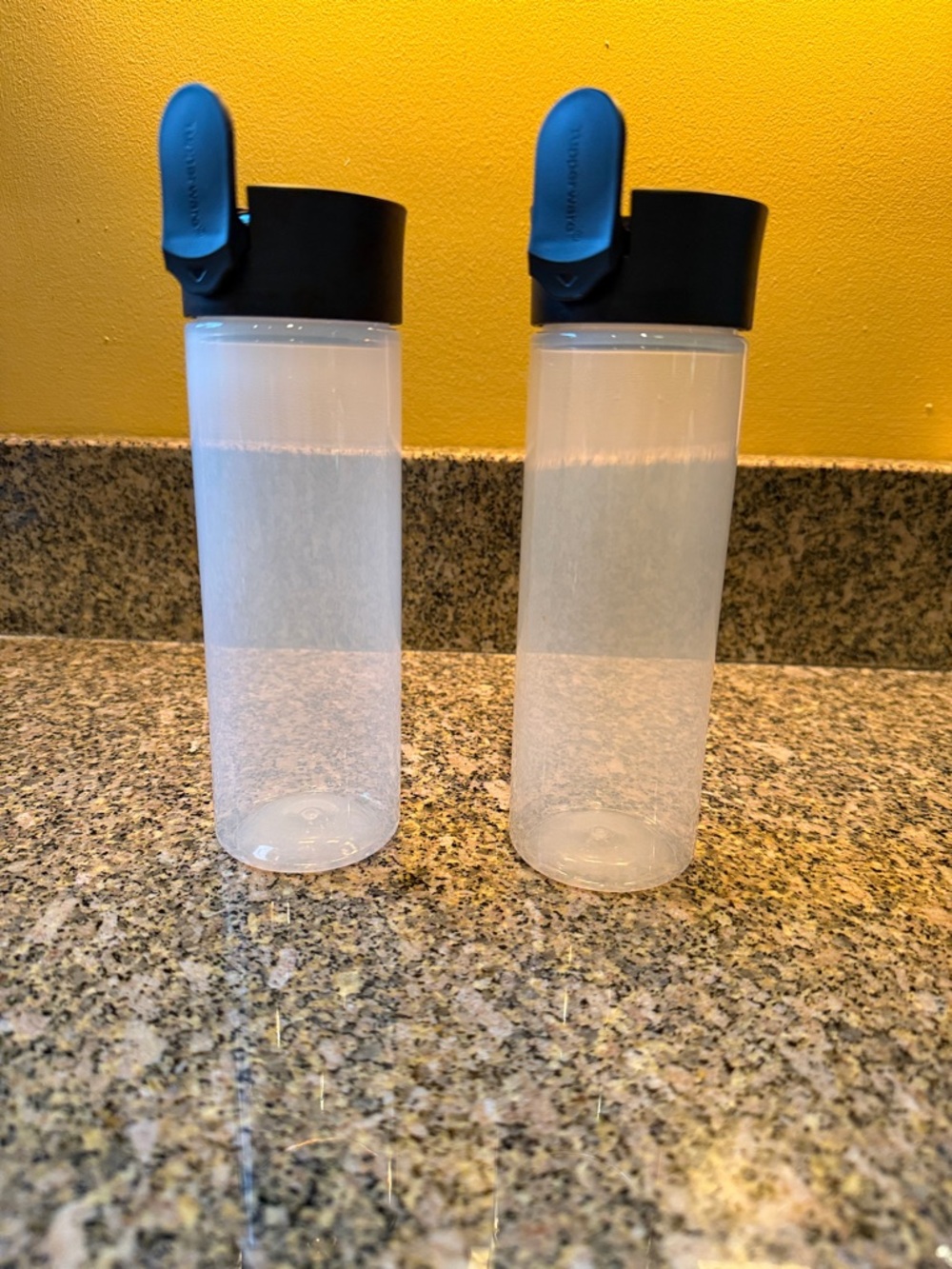 Set of 2 Tupperware condiment squeeze Bottles, clear w Black Caps
